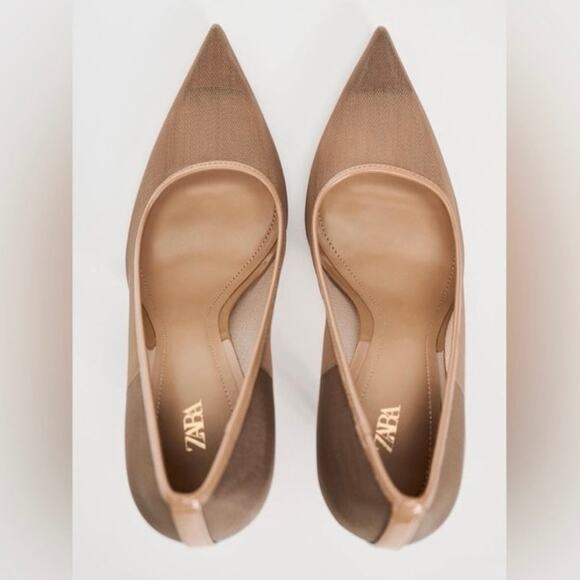 ZARA HEELED MESH SHOES BEIGE NUDE POINTED PUMPS SIZE 40 - Picture 5 of 6